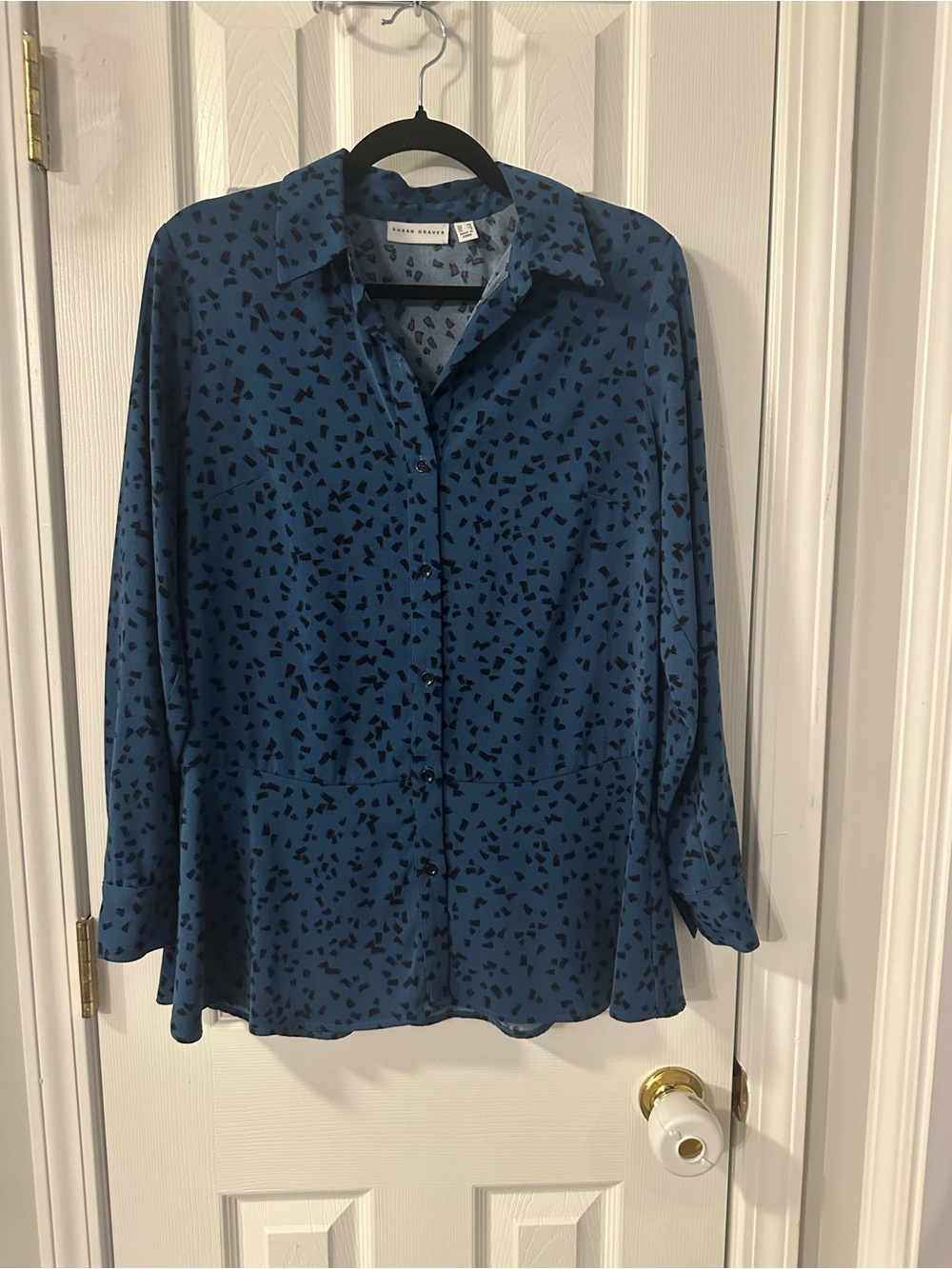 Susan Graver Blue Button-Up Top with Black Abstract Motif
